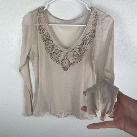 Vintage Y2K Intuitions Mesh‎ Baby Pink Beaded  Silk Long Sleeve Top Size S - Picture 8 of 8